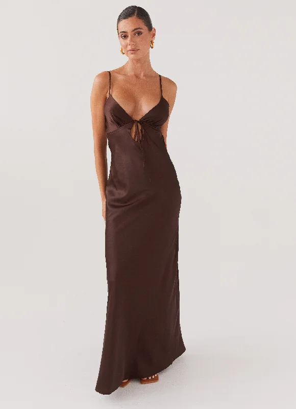Mini Women Dress with a Short Hem for a Young and Trendy Style Flora Satin Maxi Dress - Chocolate