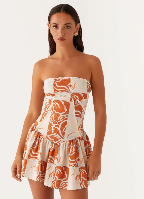  Larnie Linen Mini Dress - Orange Blue Floral