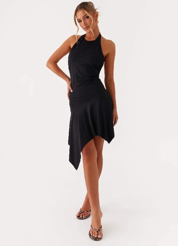 Pleated Women Dress with a Timeless and Elegant Texture Lilyana Low Back Halter Midi Dress - Black