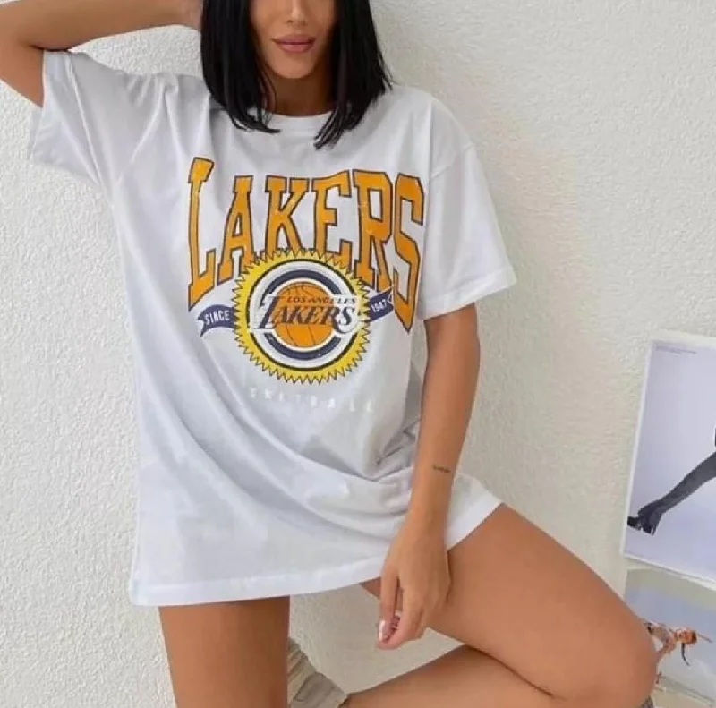 Women's long - sleeve cropped sweatshirt with ribbed cuffs for a snug fit Lakers women's oversized tshirt