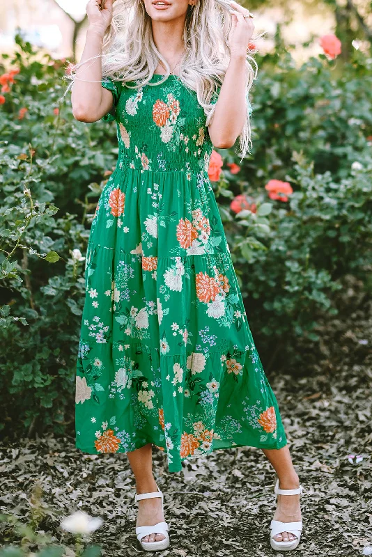 Plus Size Women Dress with a Flattering A - Line Cut for Comfort and Style Plus Size Women Dress with a Flattering A - Line Cut for Comfort and Style Bubble Sleeve Smocked Tiered Midi Dress
