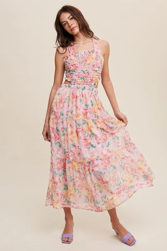 Halter Neck Women Dress to Show Off the Shoulders and Neckline Halter Neck Women Dress to Show Off the Shoulders and Neckline Floral Bubble Textured Two-Piece Style Maxi Dress