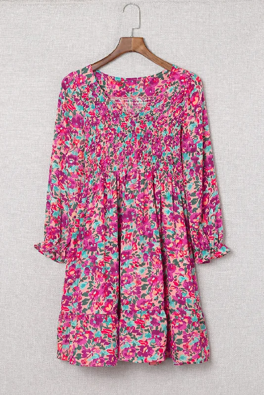Plus Size Women Dress with a Flattering A - Line Cut for Comfort and Style Plus Size Women Dress with a Flattering A - Line Cut for Comfort and Style Floral Smocked V-Neck Flounce Sleeve Dress