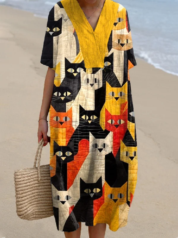 Sleeveless Women Dress in Bright Colors for Summer Parties Sleeveless Women Dress in Bright Colors for Summer Parties Funny Cat Pattern Patchwork Art V-Neck Dress