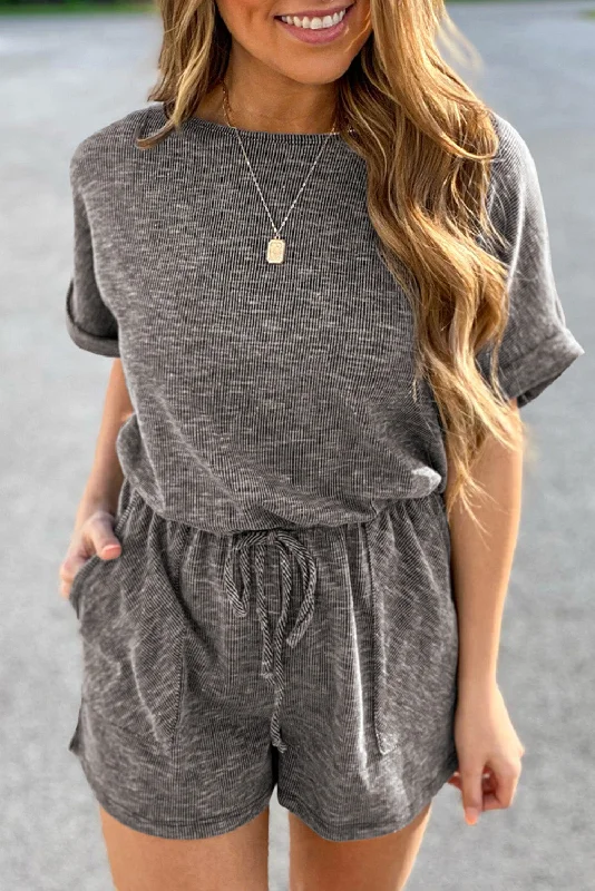 Long - Sleeve Women Dress in Velvet for a Luxurious Winter Look Long - Sleeve Women Dress in Velvet for a Luxurious Winter Look Gray Ribbed Elastic Waist Romper