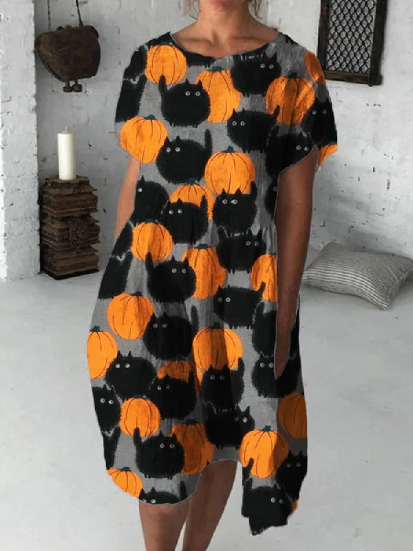 Empire Waist Women Dress to Accentuate the Bust and Conceal the Waist Empire Waist Women Dress to Accentuate the Bust and Conceal the Waist Halloween Lovely Black Cats & Pumpkins Midi Dress