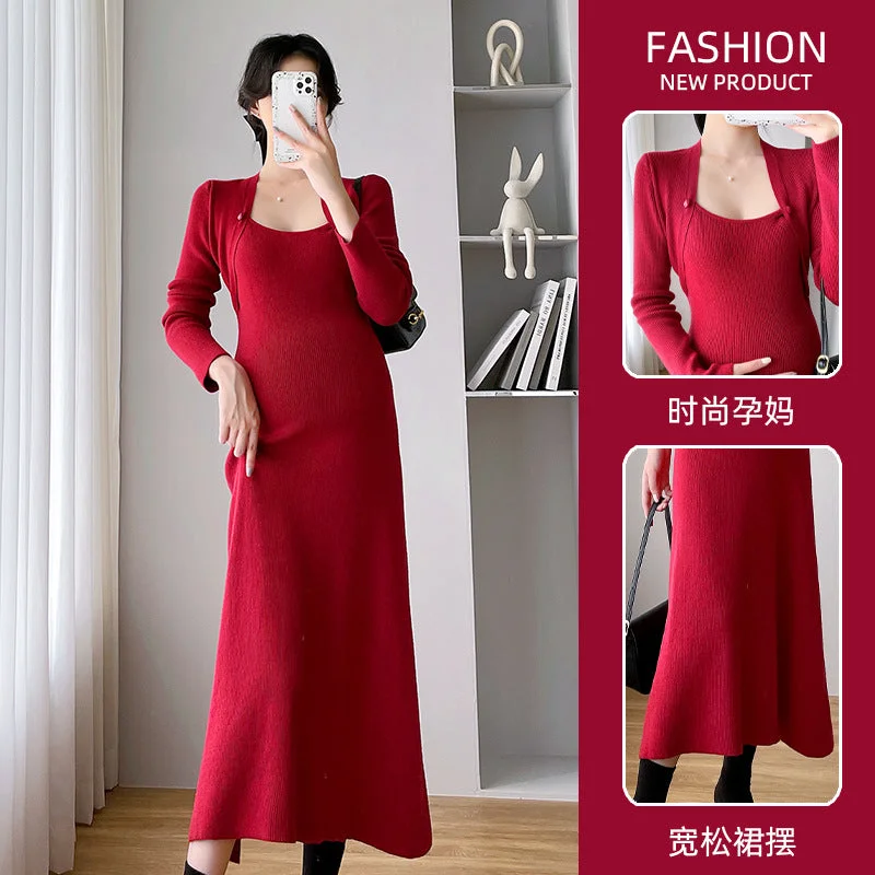 Halter Neck Women Dress to Show Off the Shoulders and Neckline Halter Neck Women Dress to Show Off the Shoulders and Neckline NiDELL . Maternity Winter Clothes Korean Style Slim-Fit Slimming Elegant Maternity Dress Thickened Maternity Sweater