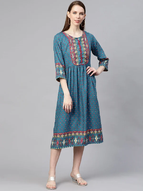 Lace - Embellished Women Dress for an Elegant and Sophisticated Appearance Lace - Embellished Women Dress for an Elegant and Sophisticated Appearance Blue  Pink Ethnic Motifs Ethnic A-Line Midi Dress