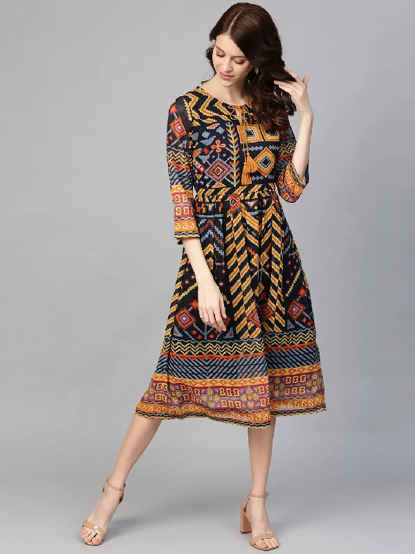 Wrap - Style Women Dress with Adjustable Fit for All Body Types Wrap - Style Women Dress with Adjustable Fit for All Body Types Navy Blue  Yellow Geometric Printed Midi A-Line Dress