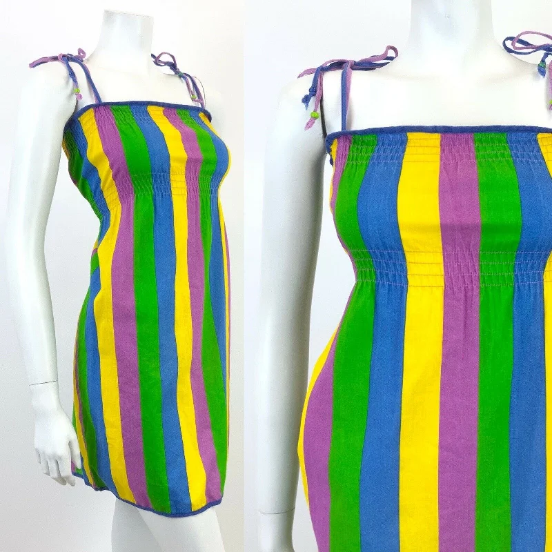 Pleated Women Dress with a Timeless and Elegant Texture Pleated Women Dress with a Timeless and Elegant Texture VINTAGE 70s 80s GREEN BLUE YELLOW PURPLE STRIPED STRAPPY SUMMER DRESS 10 12
