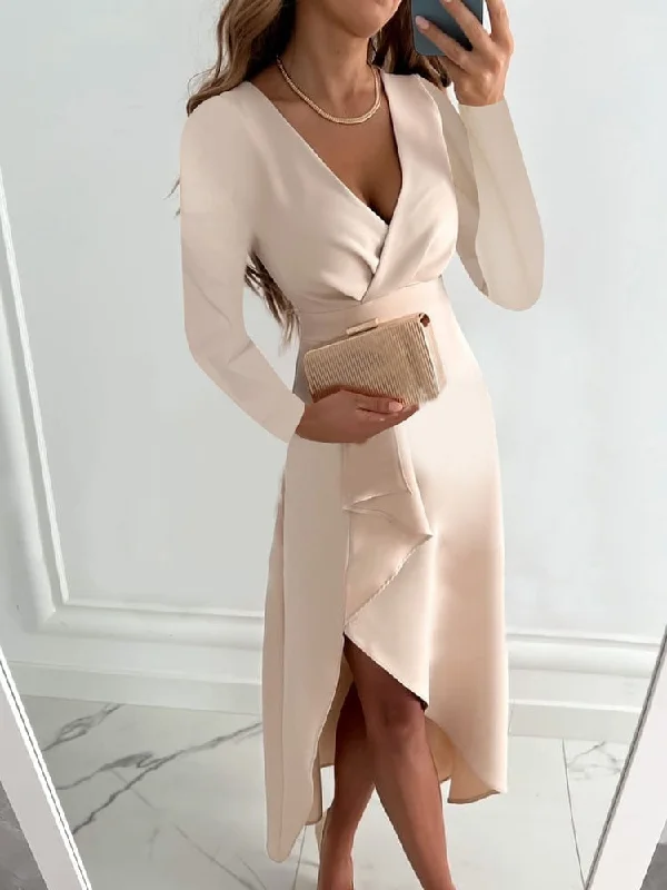 Ball Gown Women Dress with a Full Skirt for a Princess - like Look Ball Gown Women Dress with a Full Skirt for a Princess - like Look Women Casual Long Sleeve Fashion Solid Long Dress  Autumn Winter Sexy V-neck Elegant Office Lady Irregular Dresses Female