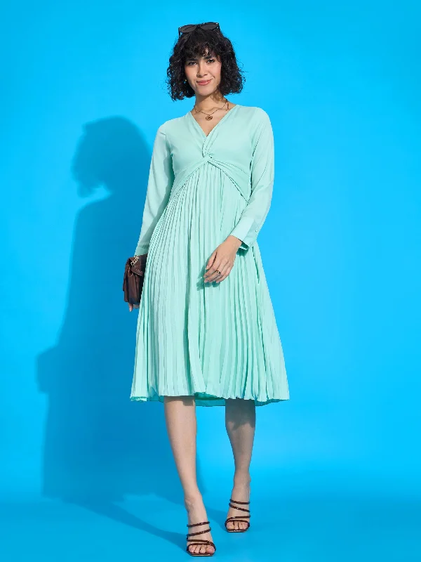Wrap - Style Women Dress with Adjustable Fit for All Body Types Wrap - Style Women Dress with Adjustable Fit for All Body Types Women Sea Green Twisted Pleated Skater Dress