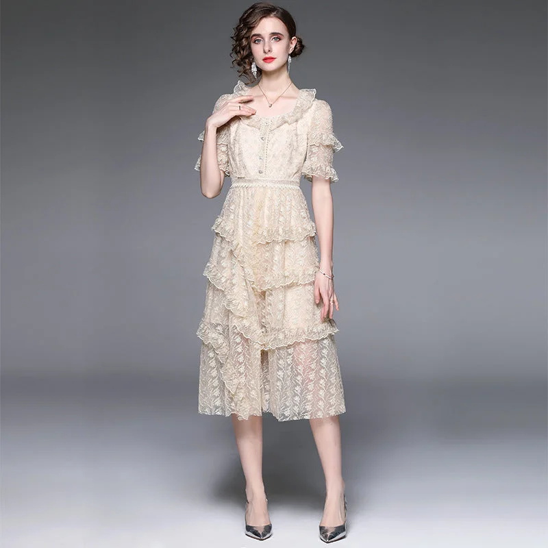 Maxi dresses with a pleated skirt for a timeless and elegant appearance Fontana High Low Ruffle Lace Maxi Dress Maxi dresses with a pleated skirt for a timeless and elegant appearance Fontana High Low Ruffle Lace Maxi Dress