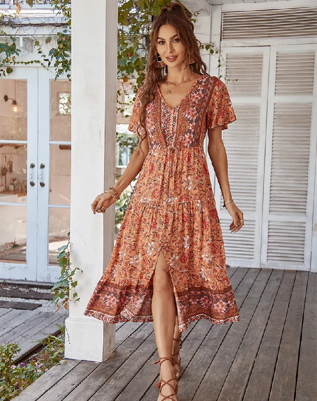 Floral print maxi dresses for summer garden parties Frenzy Paisley Tie Front Cutout Maxi Dress Floral print maxi dresses for summer garden parties Frenzy Paisley Tie Front Cutout Maxi Dress