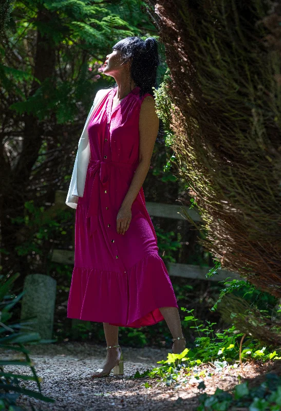 Maxi dresses with a ruffled neckline for a charming look Hot Pink Tiered Button Down Dress Maxi dresses with a ruffled neckline for a charming look Hot Pink Tiered Button Down Dress
