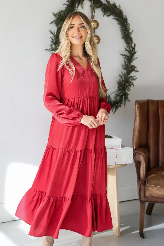 Maxi dresses with side slits for a touch of allure Keep Things Stylish Marsala Tiered Maxi Dress
