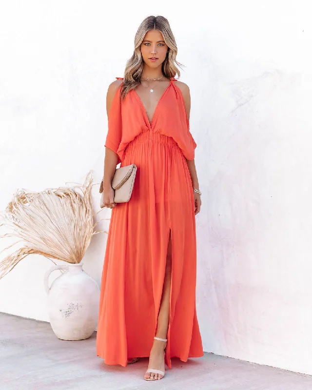 Maxi dresses with a keyhole back for a sexy detail Korrine Cold Shoulder Maxi Dress - Coral Maxi dresses with a keyhole back for a sexy detail Korrine Cold Shoulder Maxi Dress - Coral