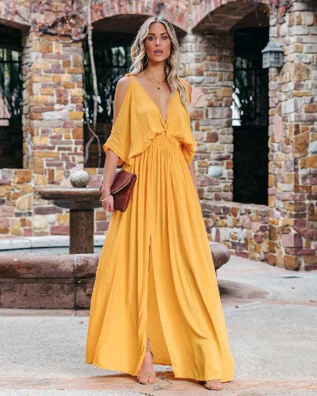 Maxi dresses with a wrap - around style for a customizable fit Korrine Cold Shoulder Maxi Dress - Marigold Maxi dresses with a wrap - around style for a customizable fit Korrine Cold Shoulder Maxi Dress - Marigold