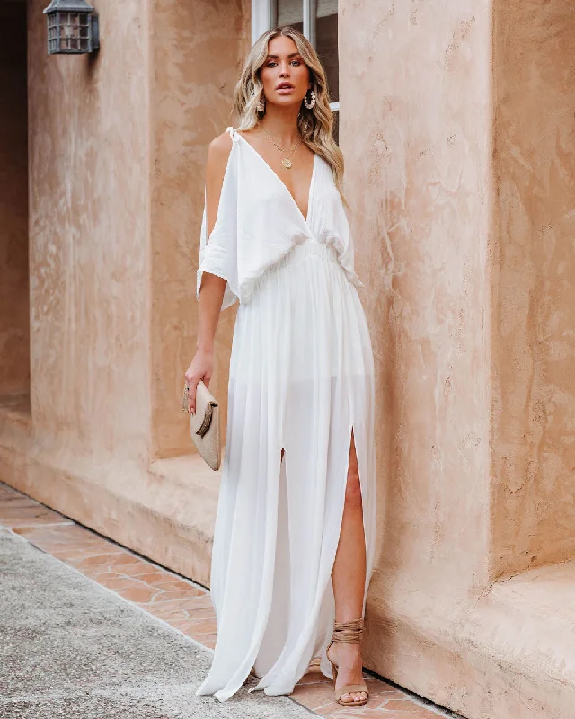 Maxi dresses with a ruffled neckline for a charming look Korrine Cold Shoulder Maxi Dress - Off White Maxi dresses with a ruffled neckline for a charming look Korrine Cold Shoulder Maxi Dress - Off White