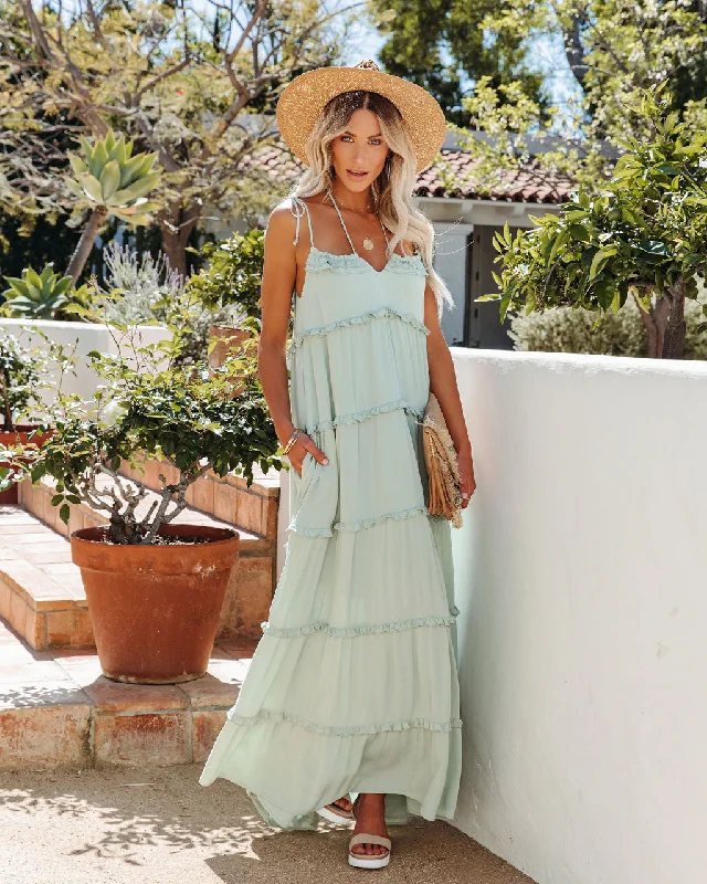 Leather maxi dresses for an edgy and bold appearance Leighton Pocketed Ruffle Tiered Maxi Dress - Misty Jade Leather maxi dresses for an edgy and bold appearance Leighton Pocketed Ruffle Tiered Maxi Dress - Misty Jade