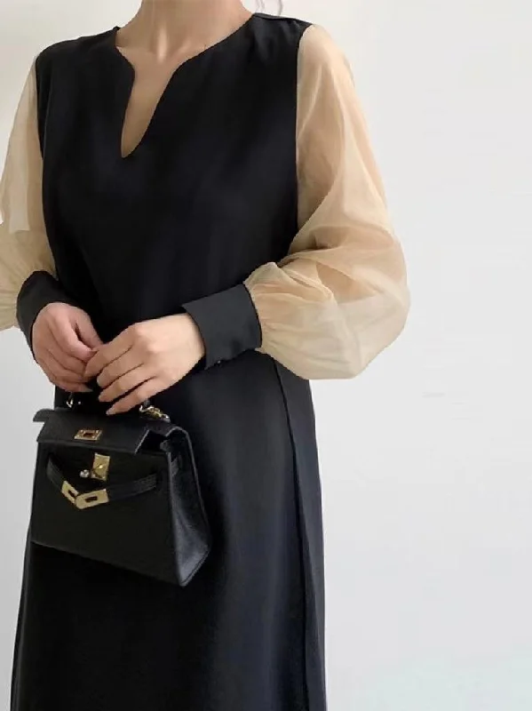 Polyester maxi dresses for easy - care and durability VibeMartini-Loose Casual Paneled Long-Sleeved Dress Polyester maxi dresses for easy - care and durability VibeMartini-Loose Casual Paneled Long-Sleeved Dress