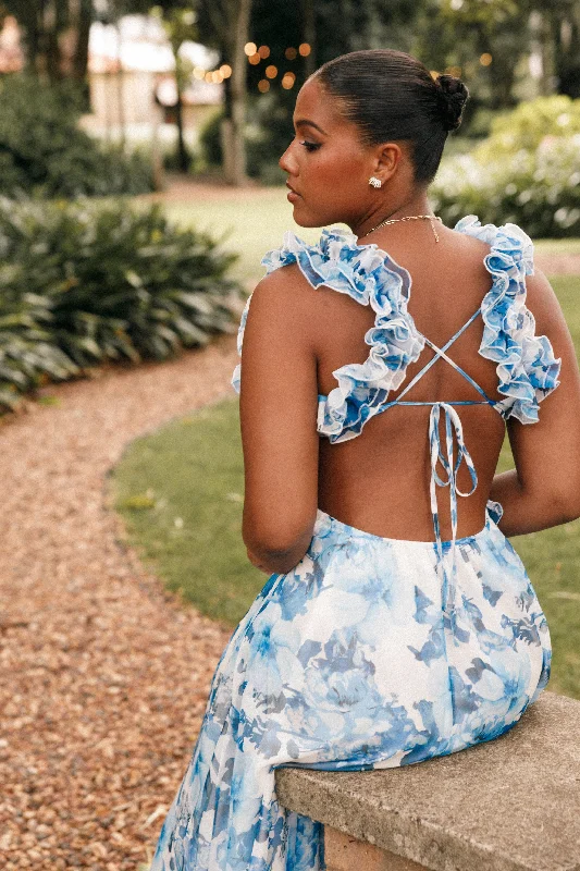 Satin maxi dresses with a high - low hem for a modern twist Lucah Frill Shoulder Maxi Dress - Blue White Floral Satin maxi dresses with a high - low hem for a modern twist Lucah Frill Shoulder Maxi Dress - Blue White Floral