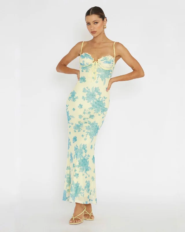 Maxi dresses with a V - neckline for a flattering and elongating shape MAIA MAXI DRESS -YELLOW/BLUE FLORAL Maxi dresses with a V - neckline for a flattering and elongating shape MAIA MAXI DRESS -YELLOW/BLUE FLORAL
