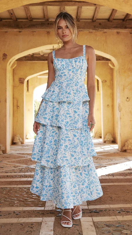 Maxi dresses with cut - out details on the sides for a modern edge Page Maxi Dress - Blue Floral Maxi dresses with cut - out details on the sides for a modern edge Page Maxi Dress - Blue Floral