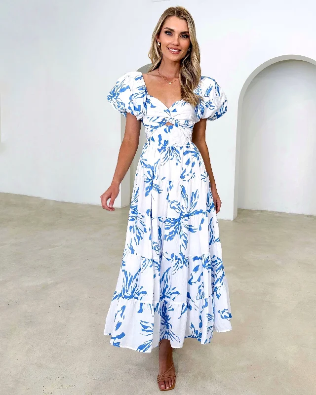 Satin maxi dresses with a high - low hem for a modern twist TEISA MAXI DRESS -BLUE/WHITE Satin maxi dresses with a high - low hem for a modern twist TEISA MAXI DRESS -BLUE/WHITE