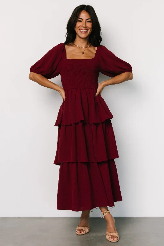 Velvet midi dresses in jewel tones for a glamorous winter event Ashbourne Tiered Dress | Burgundy Velvet midi dresses in jewel tones for a glamorous winter event Ashbourne Tiered Dress | Burgundy
