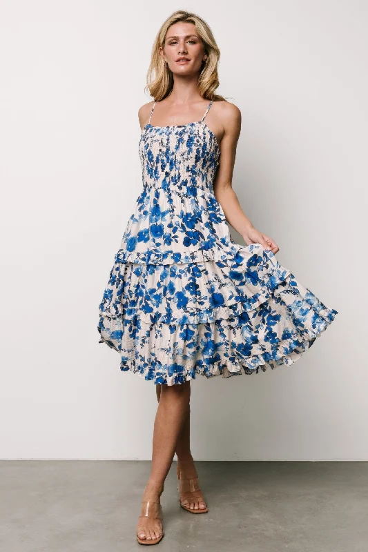Midi dresses with denim fabric for a casual yet stylish day out Calina Midi Dress | Ivory + Blue Floral Midi dresses with denim fabric for a casual yet stylish day out Calina Midi Dress | Ivory + Blue Floral