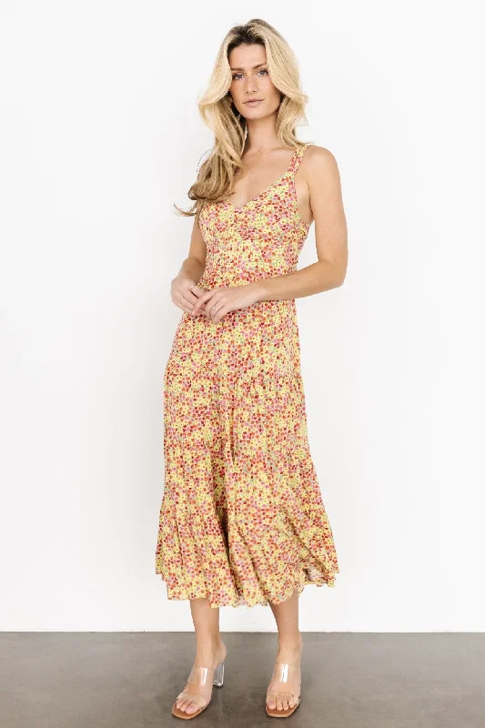 Midi dresses with ruched bodices for a feminine and fitted feel Campbell Tie Back Dress | Multi Floral Midi dresses with ruched bodices for a feminine and fitted feel Campbell Tie Back Dress | Multi Floral