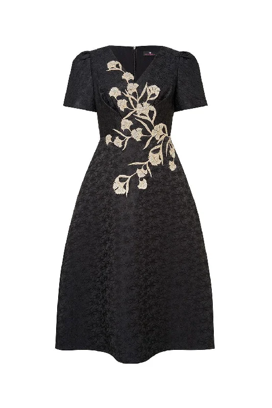 Midi dresses with pom - pom trims for a playful and festive look Carnation A-line V-Neck Brocade Midi Dress Midi dresses with pom - pom trims for a playful and festive look Carnation A-line V-Neck Brocade Midi Dress