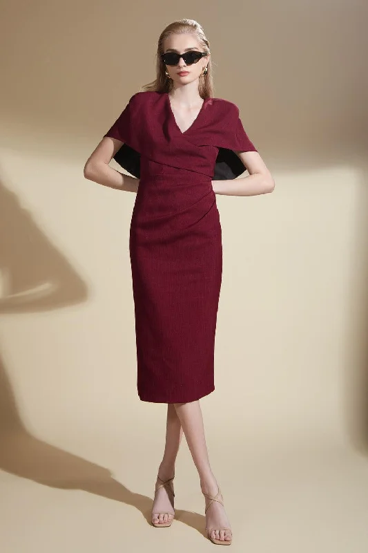Midi dresses with tassel accents for a bohemian and free - spirited style Celine Sheath Cape Sleeved Wool Midi Dress Midi dresses with tassel accents for a bohemian and free - spirited style Celine Sheath Cape Sleeved Wool Midi Dress