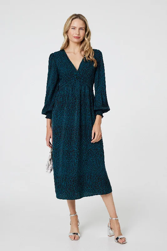 Midi dresses with gathered skirts for a full and flowing silhouette Animal Print Long Puff Sleeve Midi Dress Midi dresses with gathered skirts for a full and flowing silhouette Animal Print Long Puff Sleeve Midi Dress
