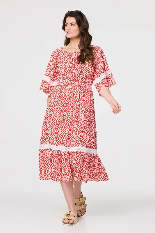 Midi dresses with empire waists for a flattering maternity option Printed Relaxed Lace Trim Midi Dress Midi dresses with empire waists for a flattering maternity option Printed Relaxed Lace Trim Midi Dress