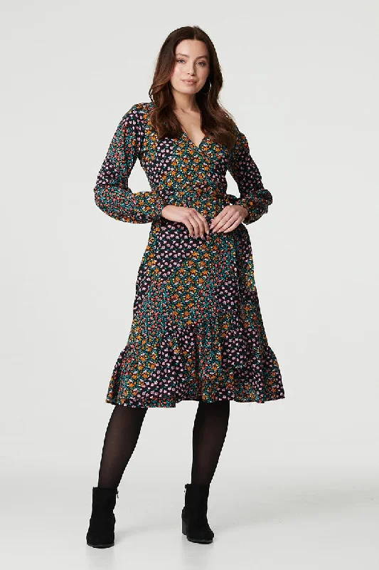 Midi dresses with pleated bodices for a classic and tailored look Patchwork Print Ruffled Wrap Dress Midi dresses with pleated bodices for a classic and tailored look Patchwork Print Ruffled Wrap Dress