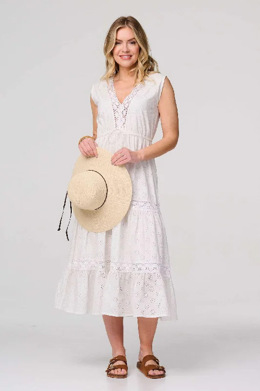 Sleeveless midi dresses with lace details for summer weddings Broderie Anglaise Tiered Dress Sleeveless midi dresses with lace details for summer weddings Broderie Anglaise Tiered Dress