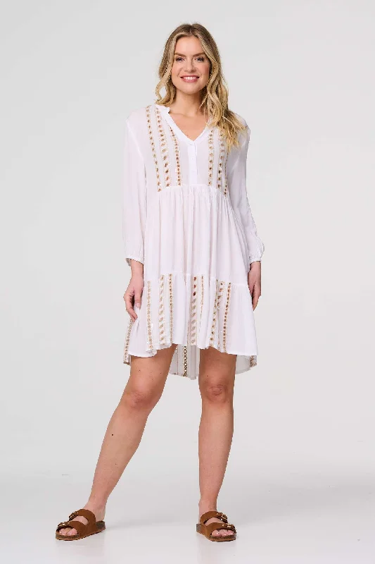 Midi dresses with satin - finish fabrics for a luxurious feel Embroidered V-Neck Tiered Smock Dress Midi dresses with satin - finish fabrics for a luxurious feel Embroidered V-Neck Tiered Smock Dress