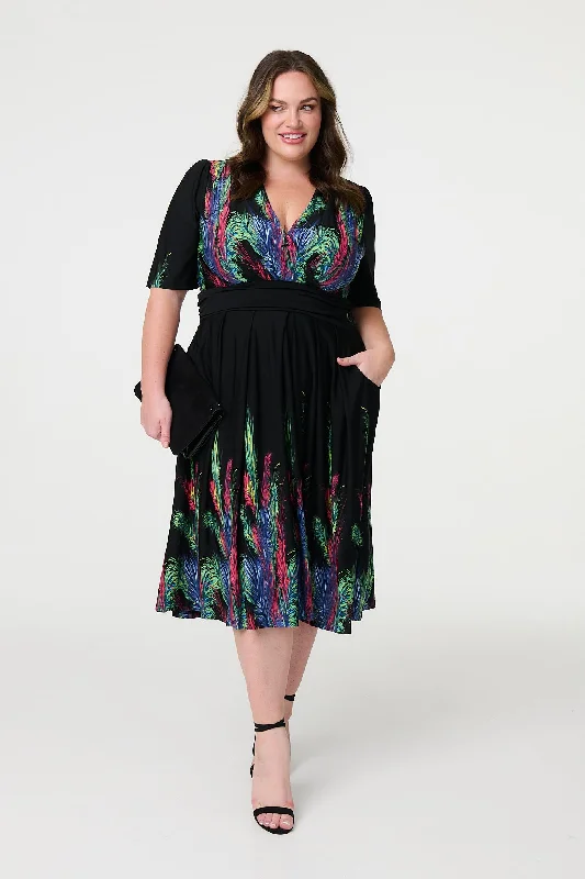 Midi dresses with satin - finish fabrics for a luxurious feel Feather Print Faux Wrap Front Midi Dress Midi dresses with satin - finish fabrics for a luxurious feel Feather Print Faux Wrap Front Midi Dress