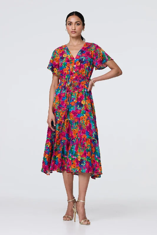 Midi dresses with tassel accents for a bohemian and free - spirited style Floral Short Sleeve Tie Waist Dress Midi dresses with tassel accents for a bohemian and free - spirited style Floral Short Sleeve Tie Waist Dress
