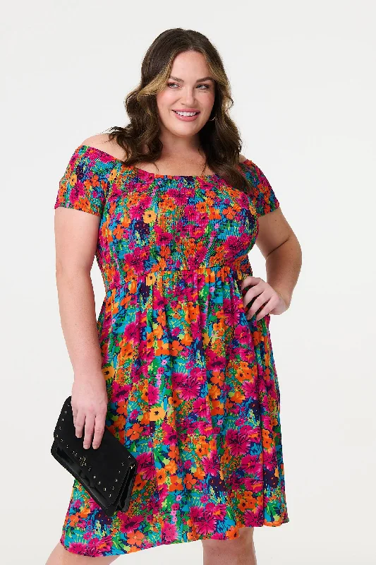 A - line midi dresses with floral prints for spring brunches Floral Knee Length Bardot Dress A - line midi dresses with floral prints for spring brunches Floral Knee Length Bardot Dress