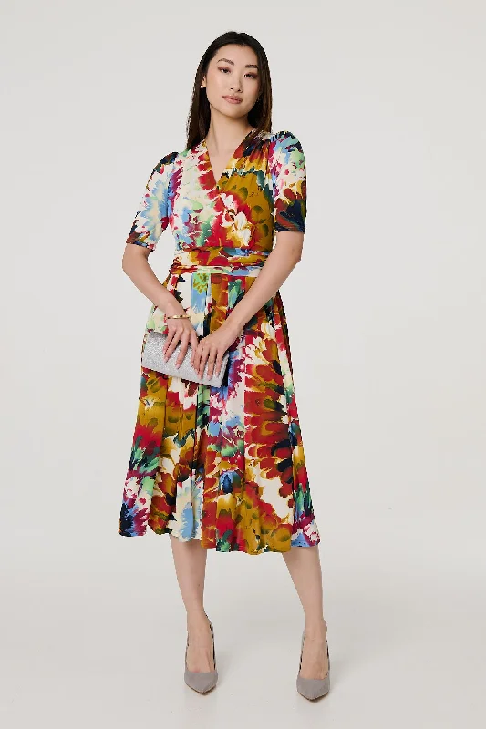 Midi dresses with belted waists to accentuate the figure Floral 1/2 Sleeve Midi Faux Wrap Dress Midi dresses with belted waists to accentuate the figure Floral 1/2 Sleeve Midi Faux Wrap Dress