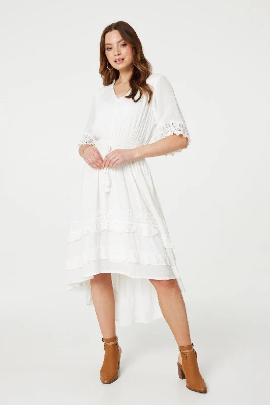 Midi dresses with bow accents for a sweet and charming look Lace Trim 3/4 Sleeve High Low Sundress Midi dresses with bow accents for a sweet and charming look Lace Trim 3/4 Sleeve High Low Sundress