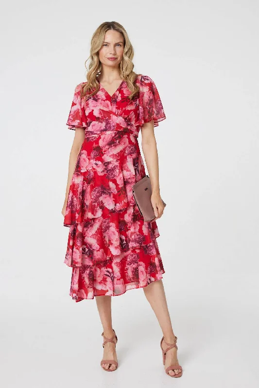 Plaid midi dresses for a fall - themed family gathering Floral Asymmetric Ruffled Midi Dress