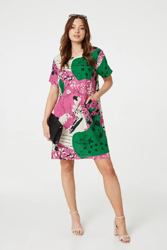 Midi dresses with pleated bodices for a classic and tailored look Printed Short Sleeve Relaxed Tunic Dress Midi dresses with pleated bodices for a classic and tailored look Printed Short Sleeve Relaxed Tunic Dress