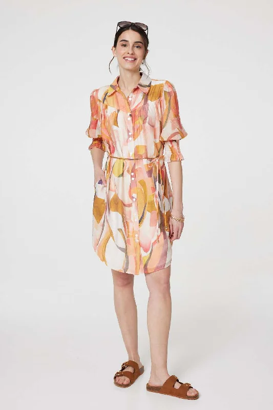 Maxi - inspired midi dresses with flowing fabrics for a beachy vibe Printed 3/4 Puff Sleeve Shirt Dress Maxi - inspired midi dresses with flowing fabrics for a beachy vibe Printed 3/4 Puff Sleeve Shirt Dress