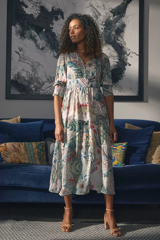 Midi dresses with sheer panels for a touch of allure Leaf Print 3/4 Puff Sleeve Midi Dress