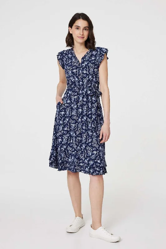 Midi dresses with cold - shoulder cutouts for a trendy style Ditsy Floral Tie-Waist Knee Length Dress Midi dresses with cold - shoulder cutouts for a trendy style Ditsy Floral Tie-Waist Knee Length Dress