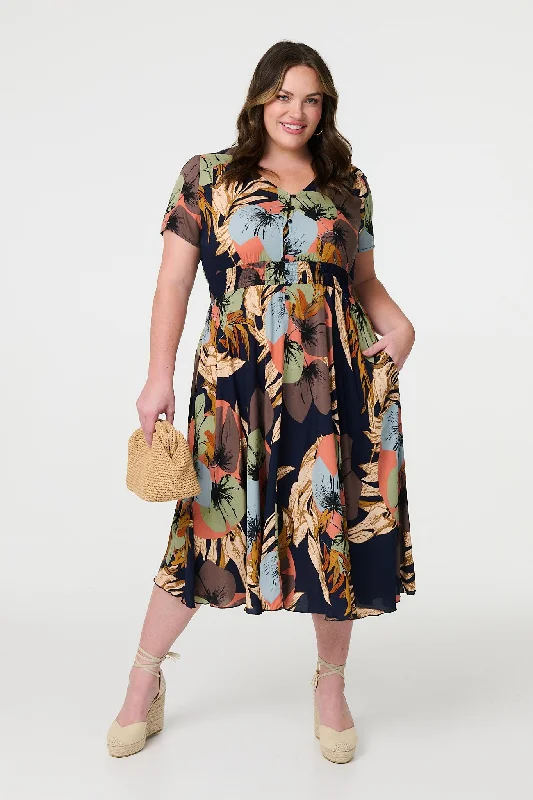 Midi dresses with button - front designs for a classic touch Floral Print Short Sleeve Midi Dress Midi dresses with button - front designs for a classic touch Floral Print Short Sleeve Midi Dress